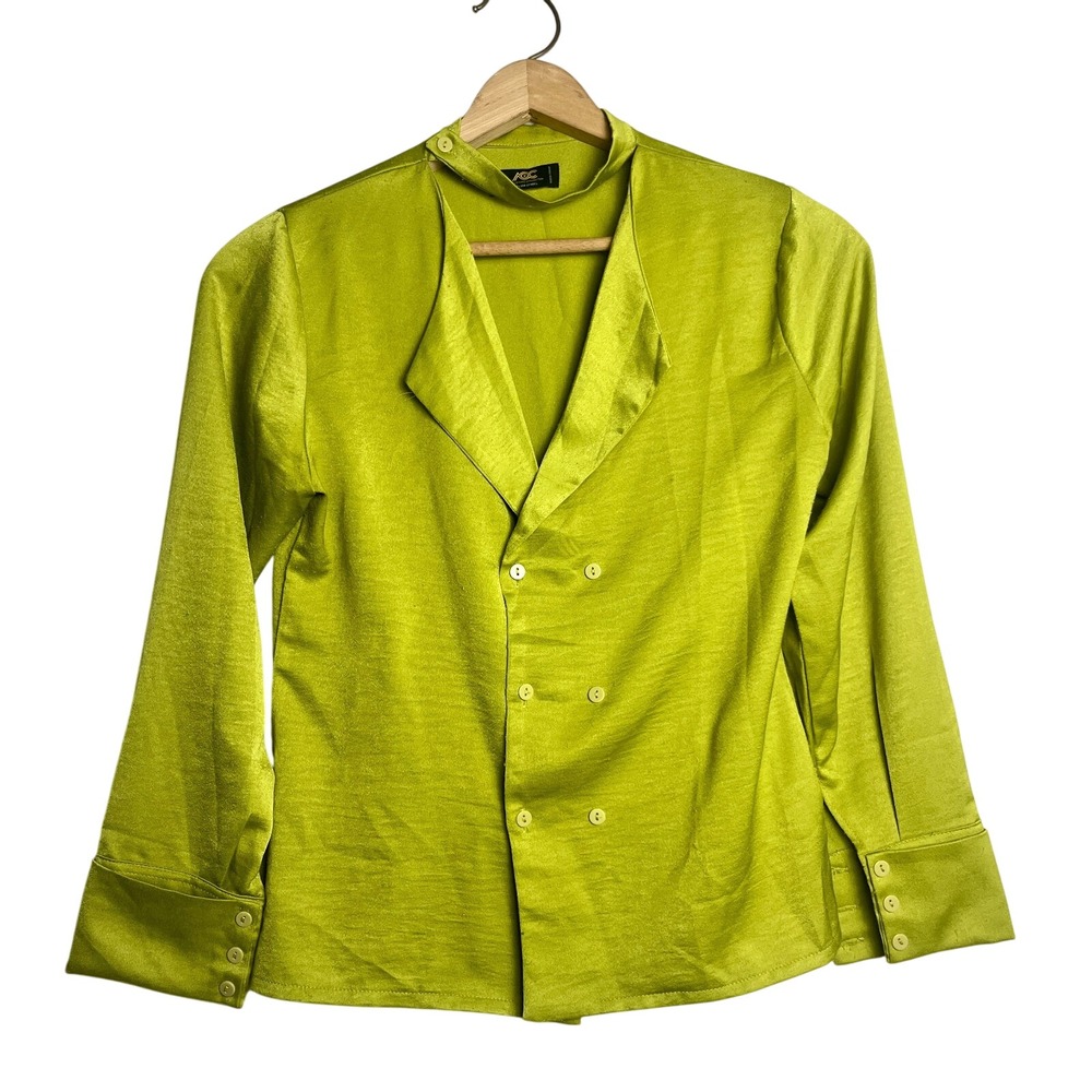 vtg chartreuse green satin double‎ breasted neckstrap whimsy pop y2k going out M